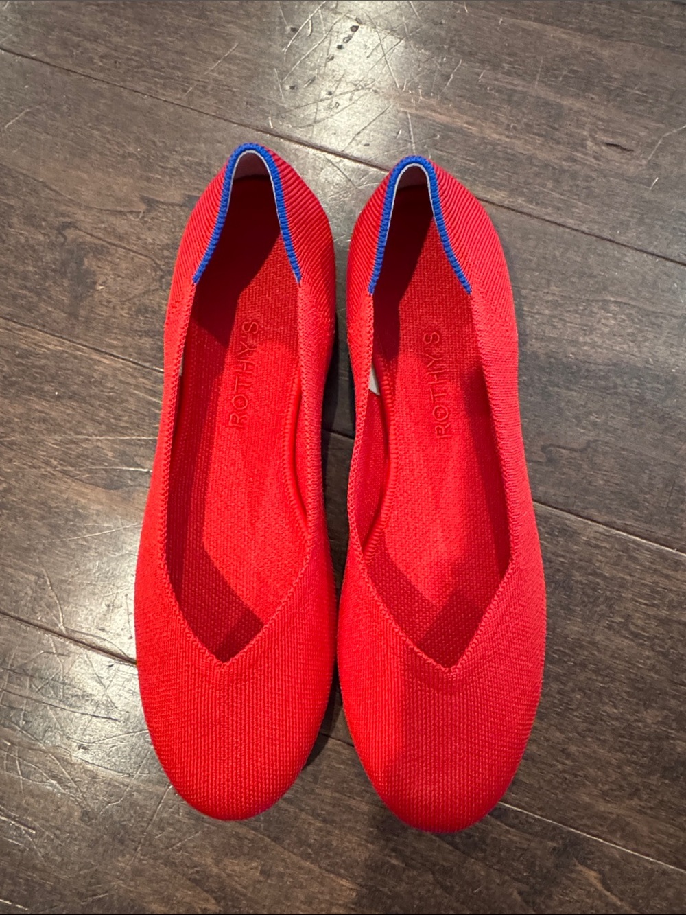 Rothy's Red Knit Ballet Flats with Blue Trim - Women's